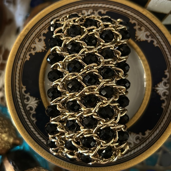 Gold Chain & Black Bead Elastic Statement Bracelet - Picture 4 of 7